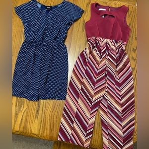 Girls size 12 berry /maroon color Dressy romper and navy/white polka dot dress